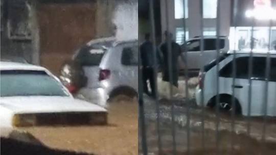 Pela segunda vez em menos de três meses chuva alaga centro de Chapada e carro é arrastado